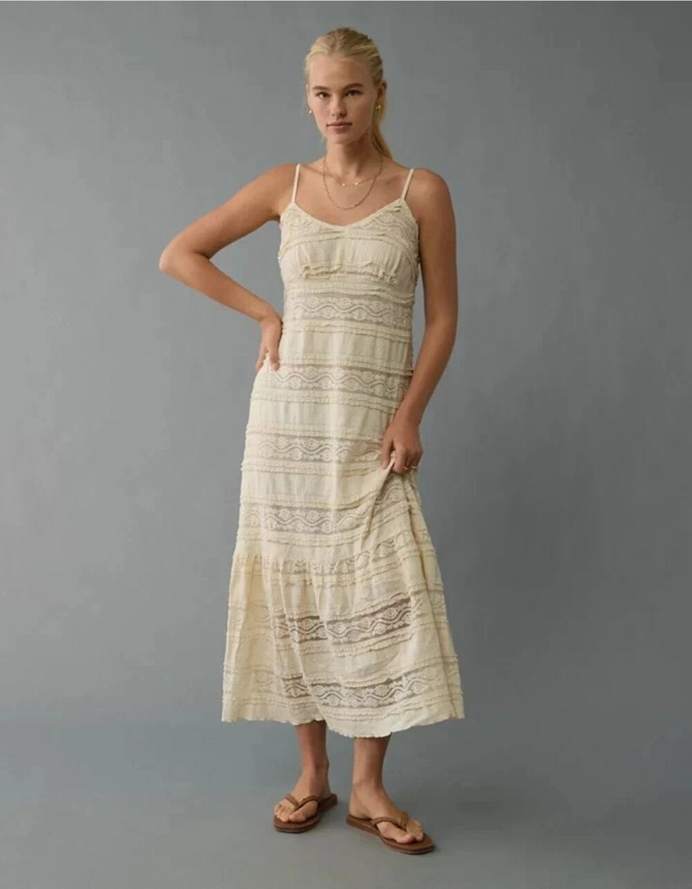 American Eagle Lace Ruffle Maxi Dress Cream Ivory Sleeveless Boho Size Small NWT